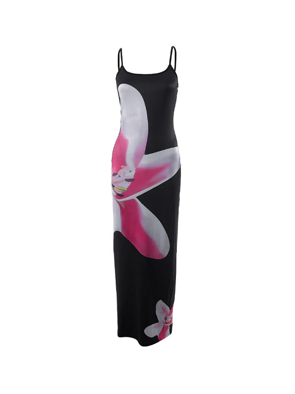 SLEEVELESS BLACK FLORAL MAXI DRESS - FIGURE-HUGGING MAXI DRESS
