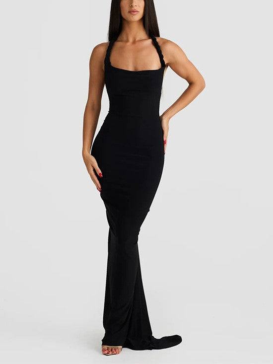 SLEEVELESS BLACK MAXI DRESS WITH PLEATED WRAP DESIGN AND HALTER NECKLINE