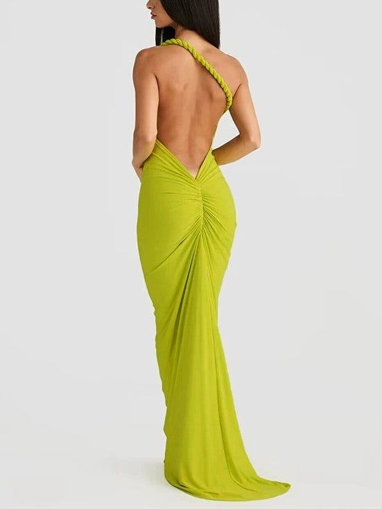 SLEEVELESS BLACK MAXI DRESS WITH PLEATED WRAP DESIGN AND HALTER NECKLINE