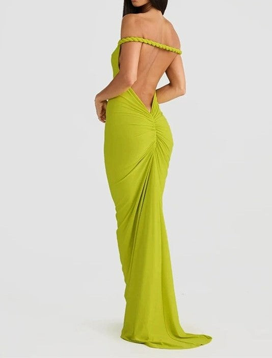 SLEEVELESS BLACK MAXI DRESS WITH PLEATED WRAP DESIGN AND HALTER NECKLINE