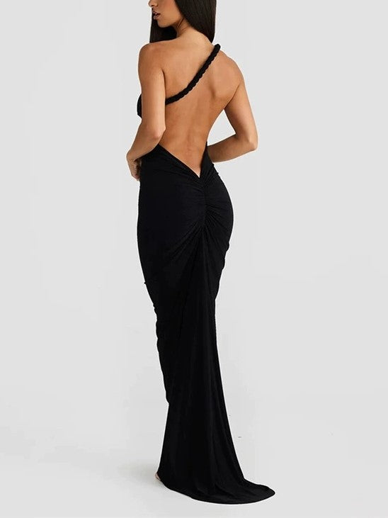 SLEEVELESS BLACK MAXI DRESS WITH PLEATED WRAP DESIGN AND HALTER NECKLINE