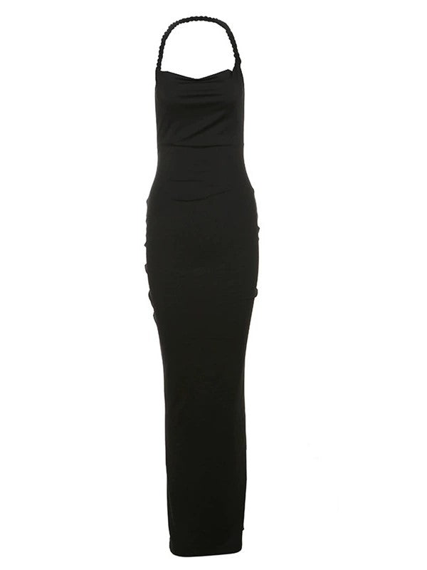SLEEVELESS BLACK MAXI DRESS WITH PLEATED WRAP DESIGN AND HALTER NECKLINE