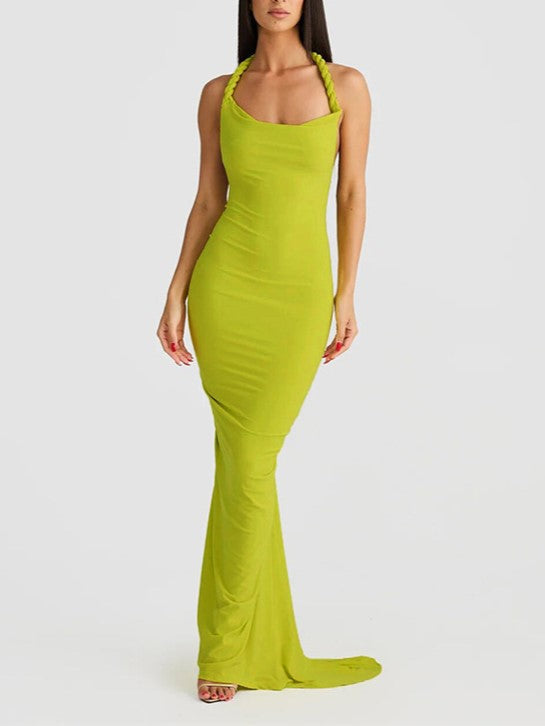 SLEEVELESS BLACK MAXI DRESS WITH PLEATED WRAP DESIGN AND HALTER NECKLINE