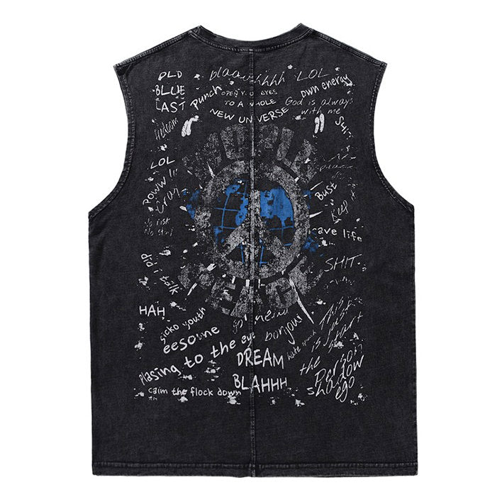 SLEEVELESS BLACK T-SHIRT WITH EYES TALK GRAPHIC AND TEXT