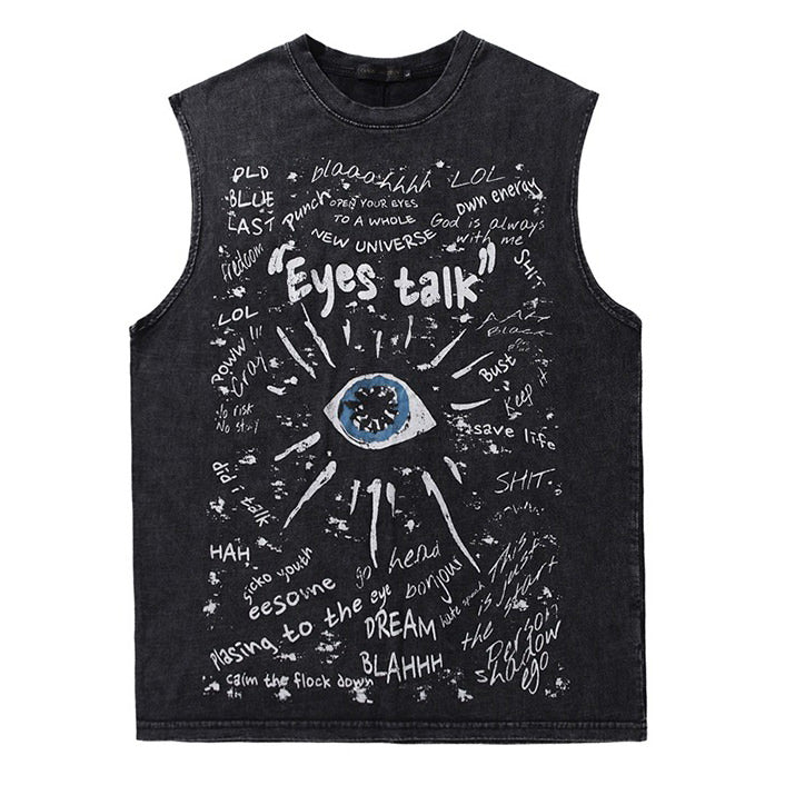 SLEEVELESS BLACK T-SHIRT WITH EYES TALK GRAPHIC AND TEXT