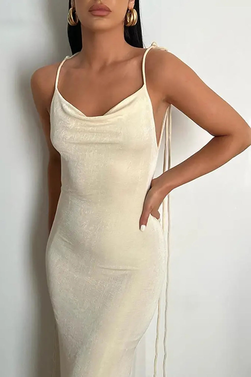 SLEEVELESS CREAM DRESS WITH TIE STRAPS - COMFORTABLE CASUAL DRESS