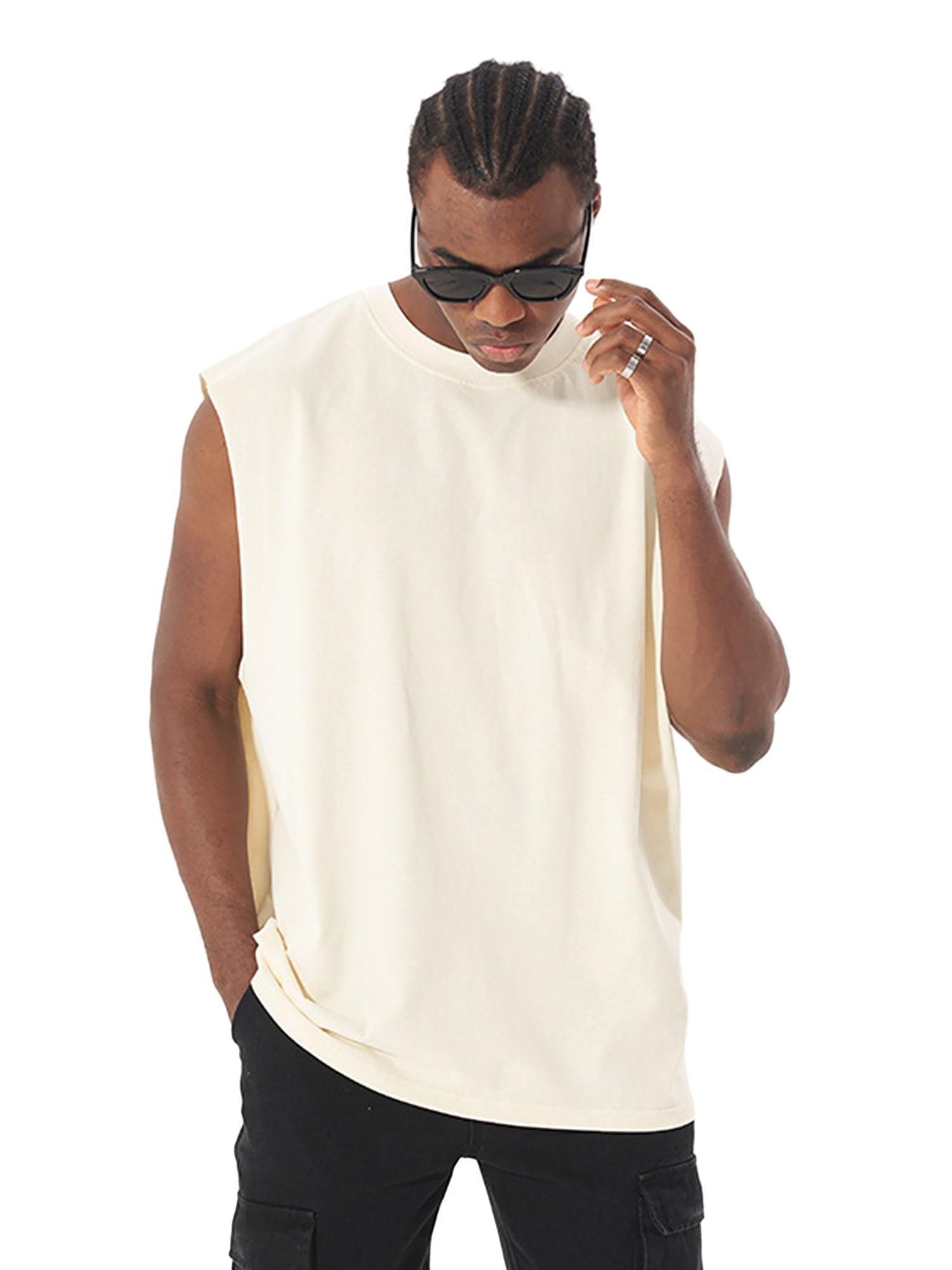 SLEEVELESS JERSEY TOP WITH ROUND COLLAR AND LOOSELY FIT DESIGN