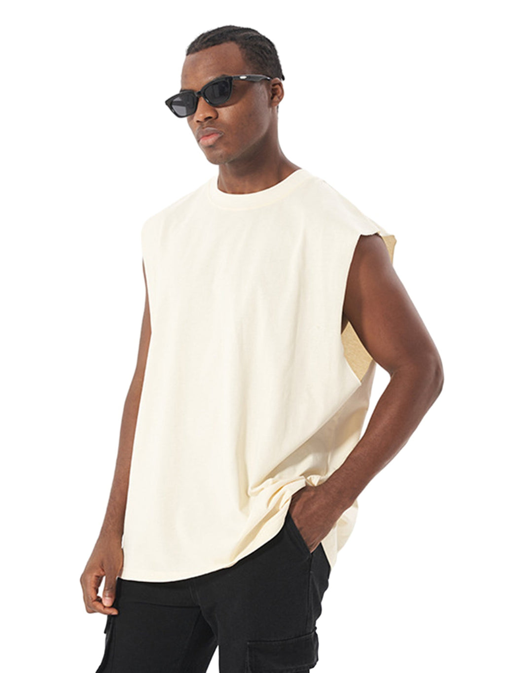 SLEEVELESS JERSEY TOP WITH ROUND COLLAR AND LOOSELY FIT DESIGN