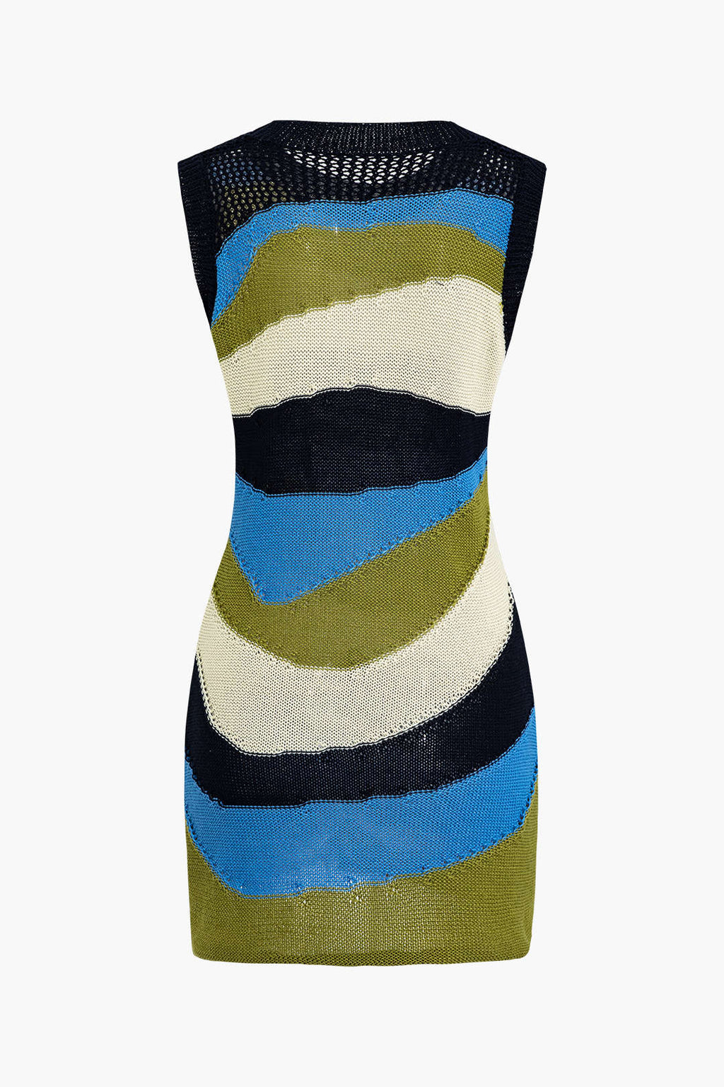SLEEVELESS KNIT MINI DRESS WITH WAVY STRIPES - CASUAL SEMI-TRANSPARENT KNITWEAR