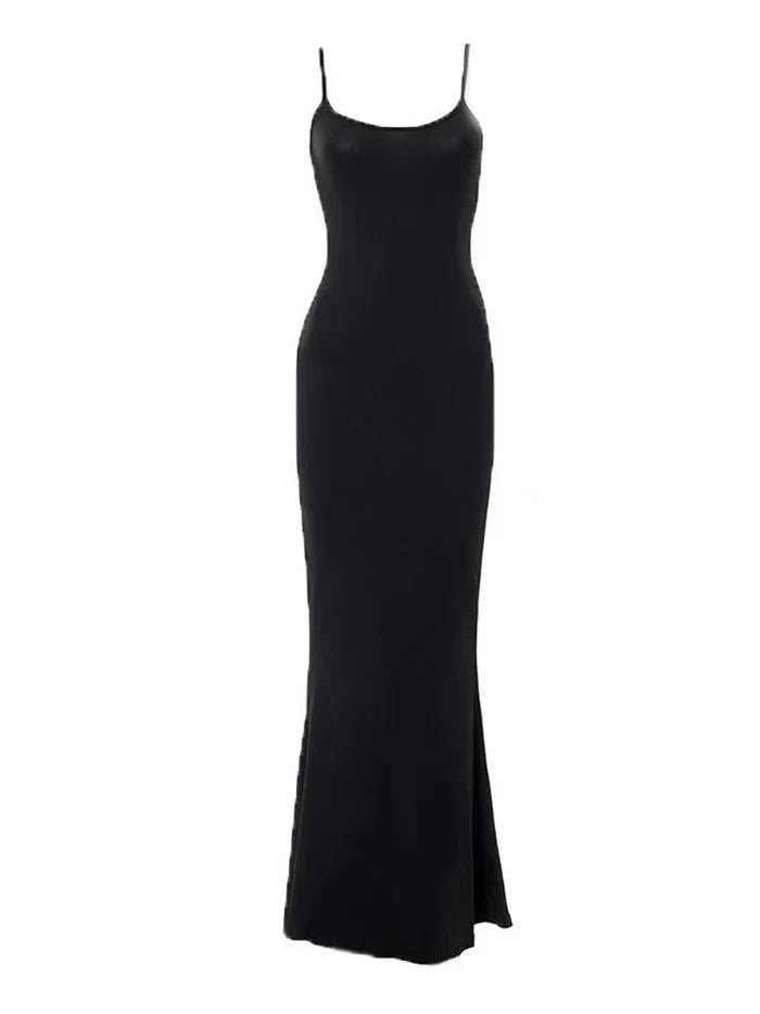 SLEEVELESS MAXI DRESS WITH SQUARE NECKLINE - BLACK SPAGHETTI STRAP DRESS