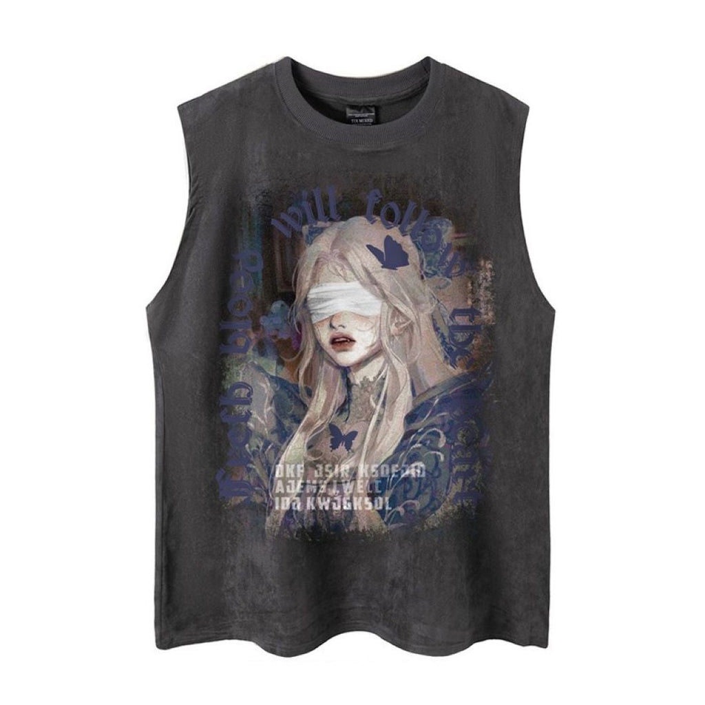 SLEEVELESS T-SHIRT WITH BLINDFOLDED WOMAN GRAPHIC - TRENDY DARK AESTHETIC