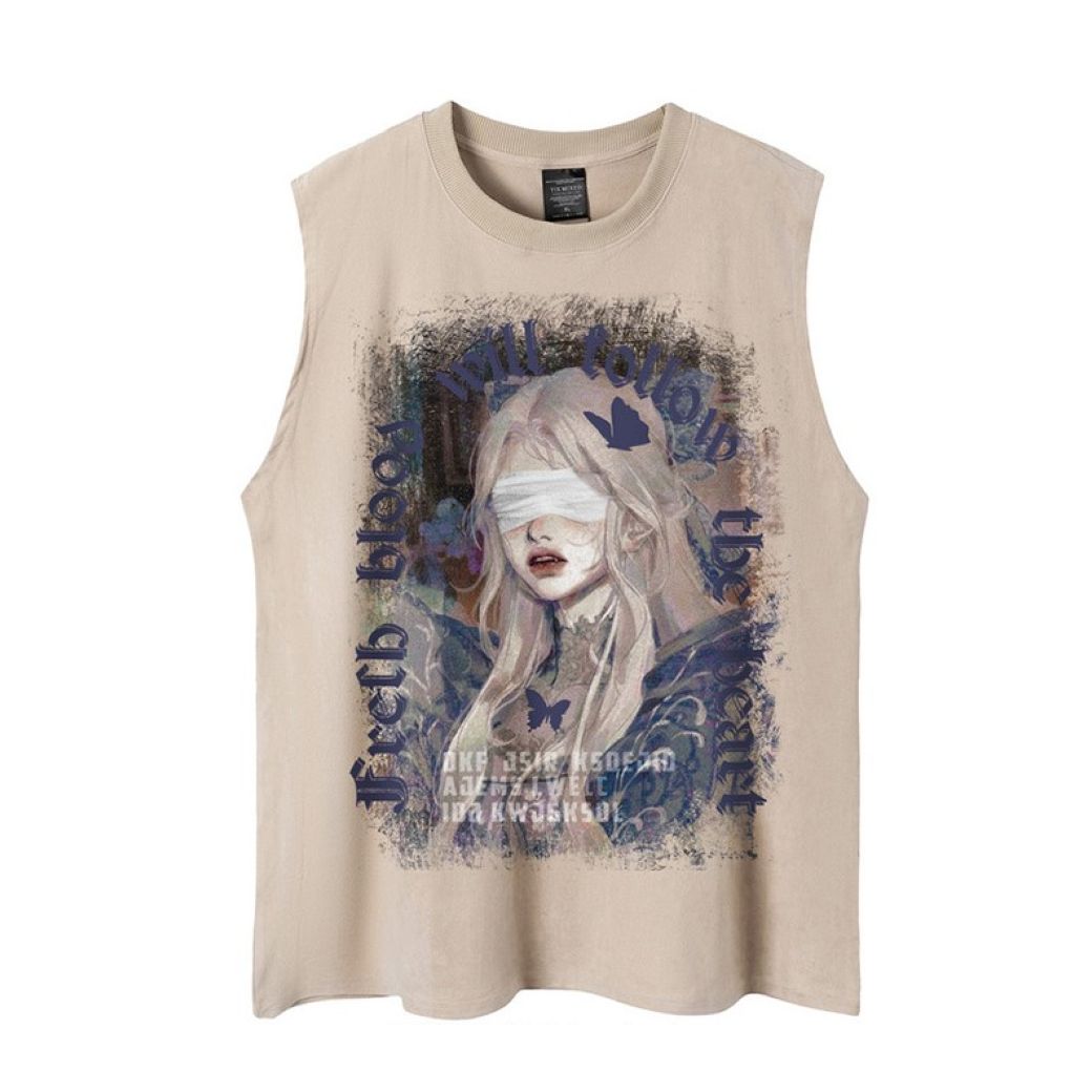 SLEEVELESS T-SHIRT WITH BLINDFOLDED WOMAN GRAPHIC - TRENDY DARK AESTHETIC