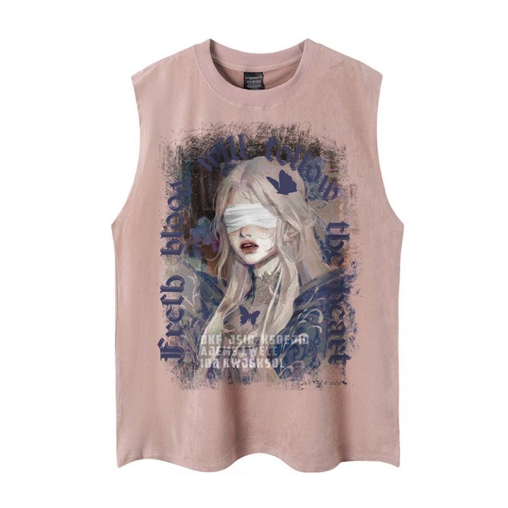SLEEVELESS T-SHIRT WITH BLINDFOLDED WOMAN GRAPHIC - TRENDY DARK AESTHETIC