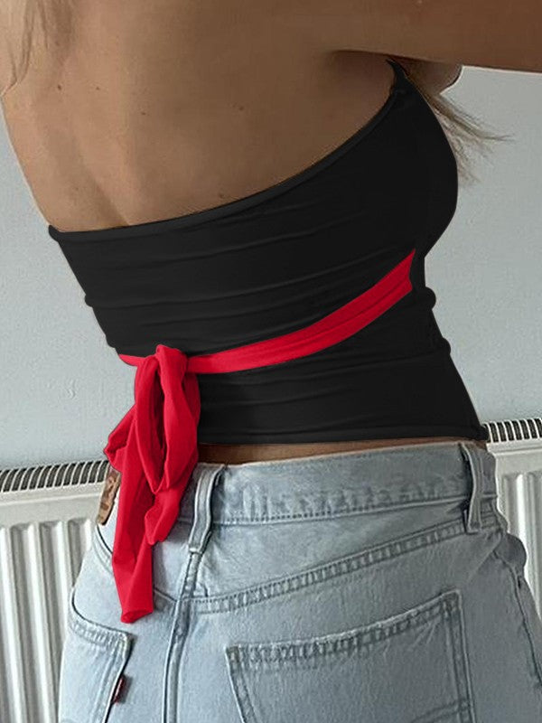 SLIM FIT BANDEAU TOP WITH RED TIE - VERSATILE SLIM FIT DESIGN