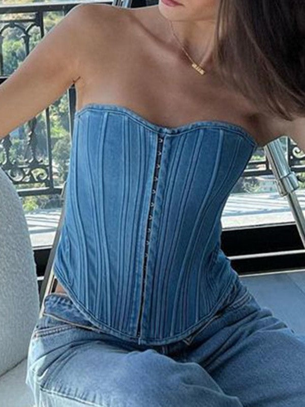 SLIM FIT BLUE DENIM CORSET TOP - A MUST-HAVE PIECE FOR YOUR WARDROBE