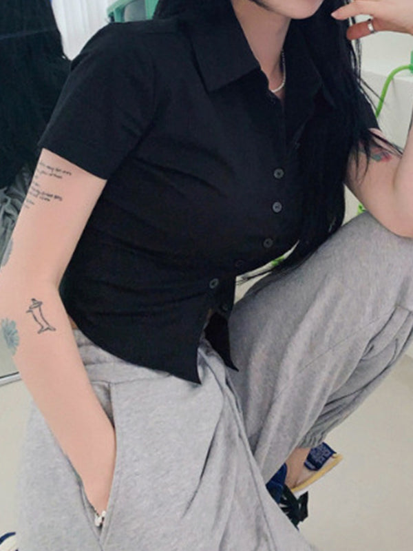 SLIM FIT CASUAL SHORT SLEEVE BUTTON-UP SHIRT IN BLACK