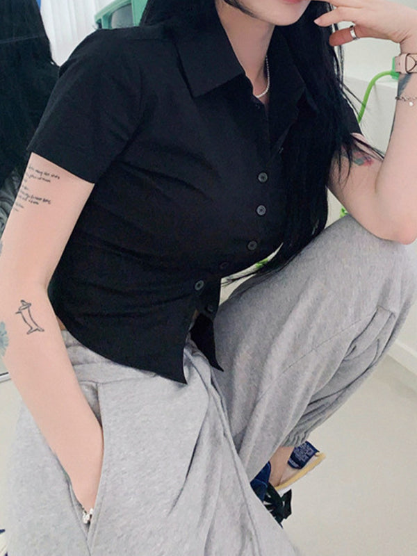 SLIM FIT CASUAL SHORT SLEEVE BUTTON-UP SHIRT IN BLACK