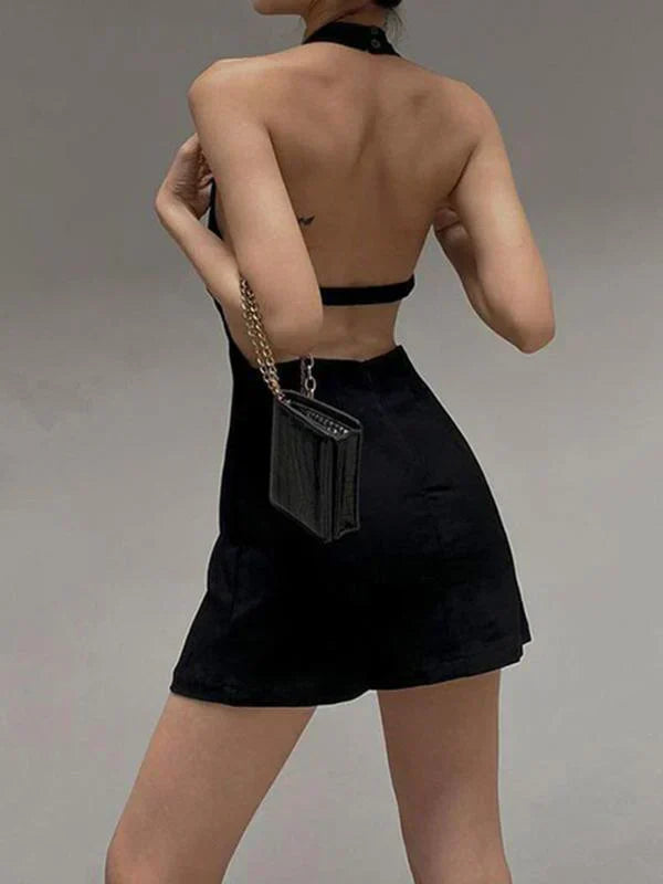 SLIM FIT MINI HALTER DRESS IN BLACK