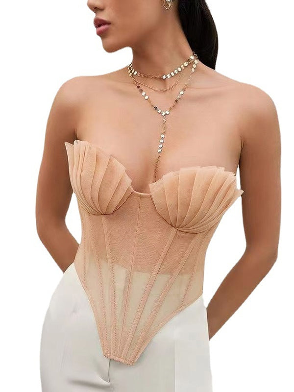 SLIM FIT NUDE STRAPLESS CORSET TOP FOR VINTAGE STREET STYLE