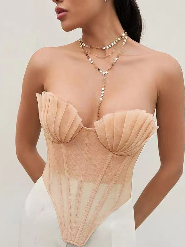 SLIM FIT NUDE STRAPLESS CORSET TOP FOR VINTAGE STREET STYLE