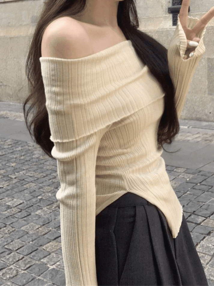 SLIM FIT RIB KNIT OFF-THE-SHOULDER TOP