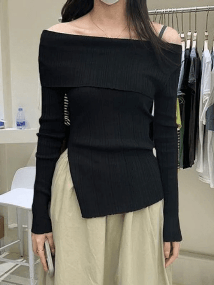 SLIM FIT RIB KNIT OFF-THE-SHOULDER TOP