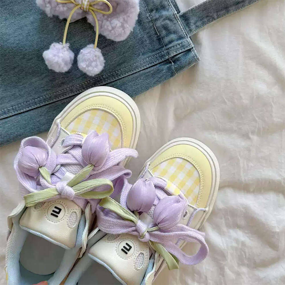 SNEAKERS: TULIP DREAM AESTHETIC SNEAKERS, PASTEL RIBBON TIES