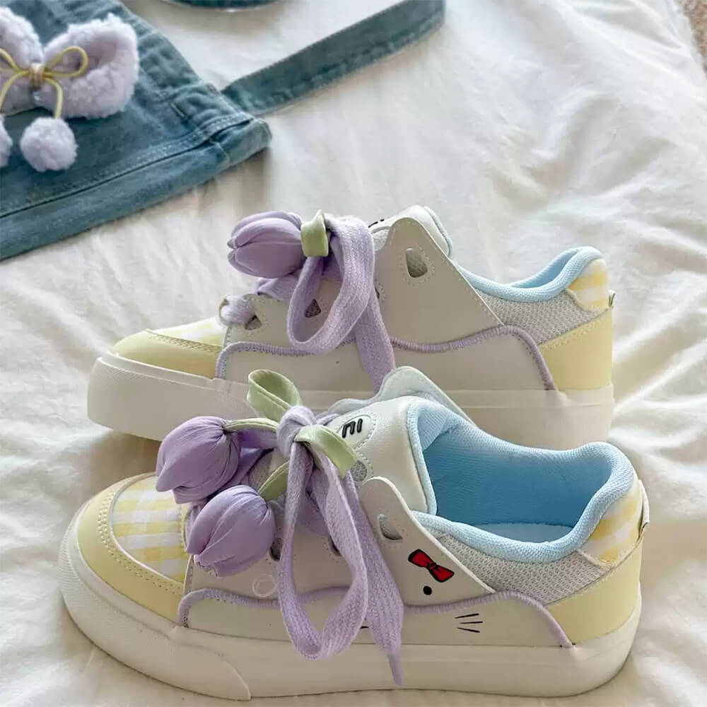 SNEAKERS: TULIP DREAM AESTHETIC SNEAKERS, PASTEL RIBBON TIES