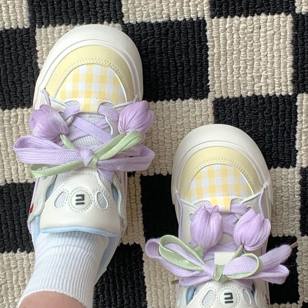 SNEAKERS: TULIP DREAM AESTHETIC SNEAKERS, PASTEL RIBBON TIES