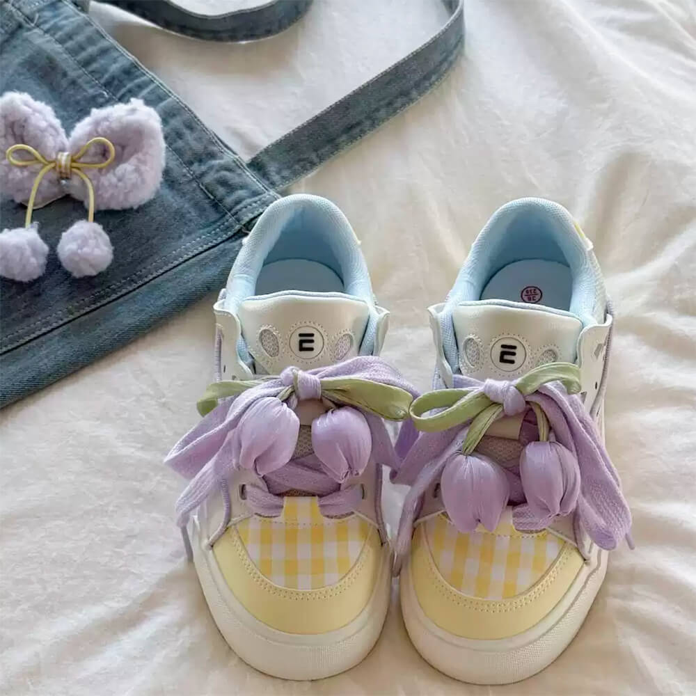 SNEAKERS: TULIP DREAM AESTHETIC SNEAKERS, PASTEL RIBBON TIES