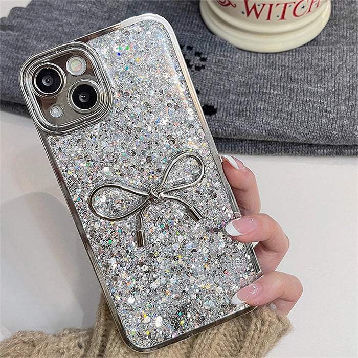 SPARKLE BOWKNOT IPHONE CASE WITH SILVER GLITTER DESIGN
