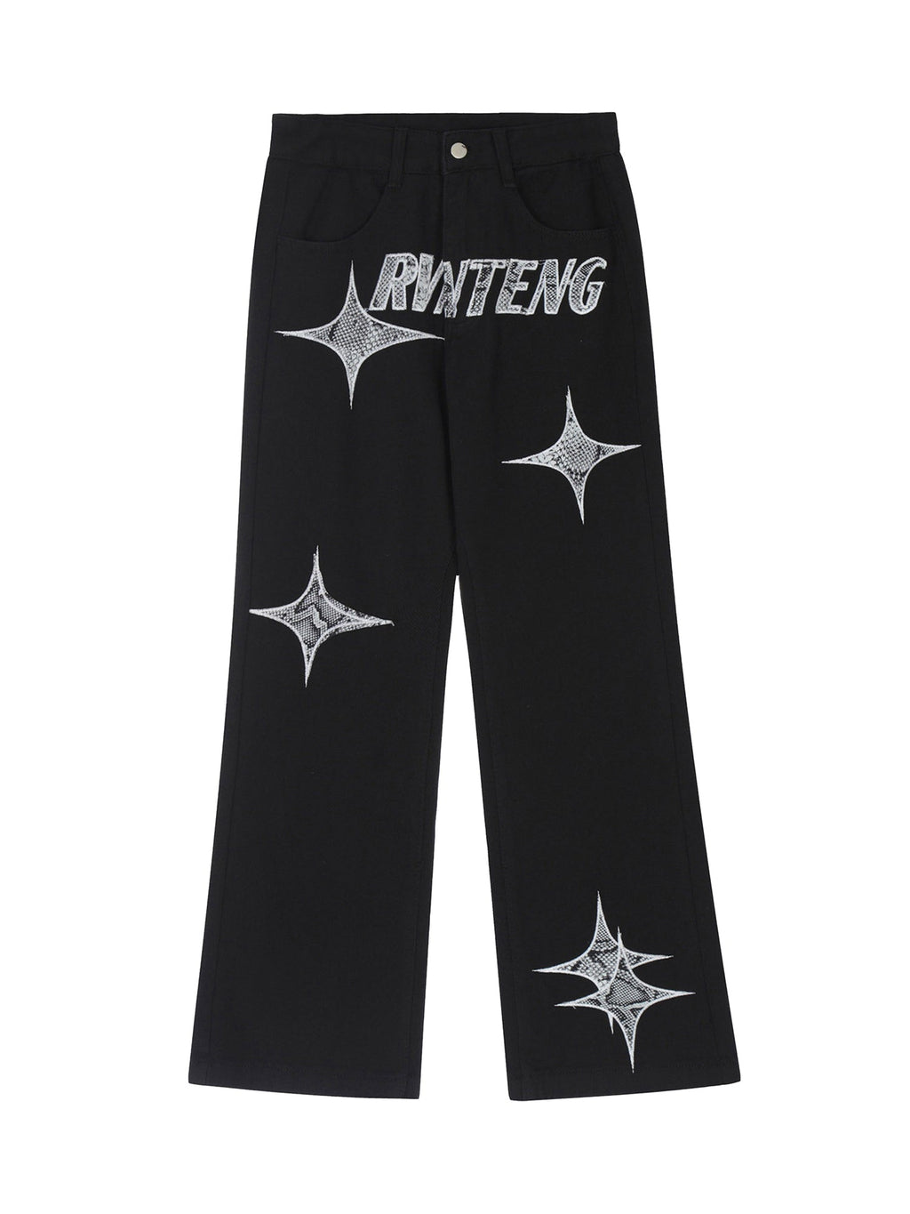 STAR DESIGN MID WAIST COTTON BLEND STRAIGHT LEG PANTS