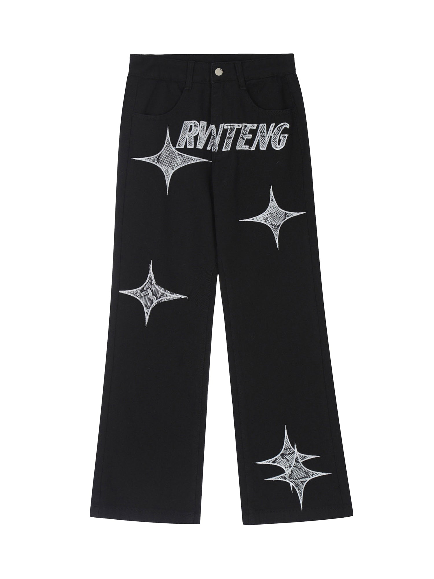STAR DESIGN MID WAIST COTTON BLEND STRAIGHT LEG PANTS