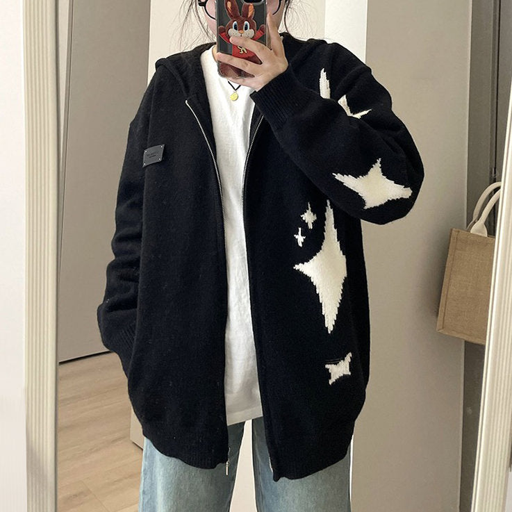 STAR GIRL AESTHETIC KNIT HOODIE STARRY NIGHT