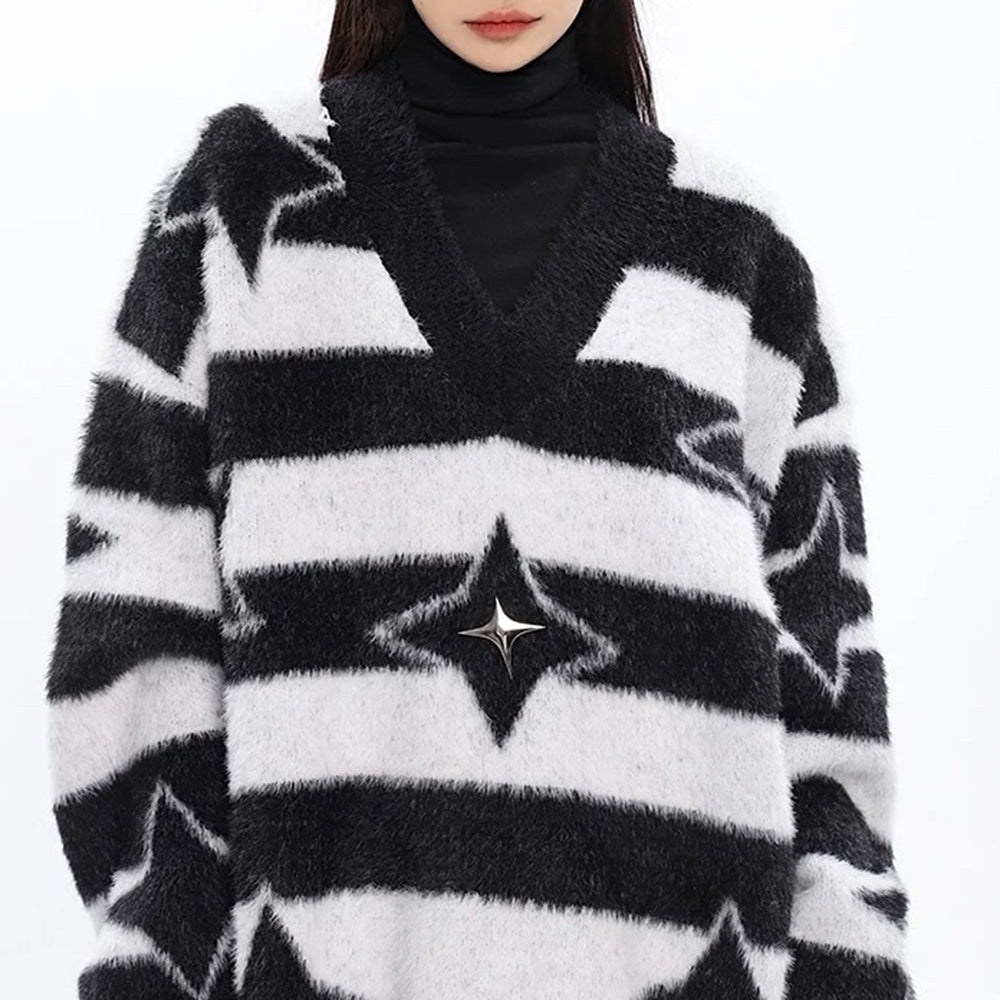 STAR GIRL FUZZY STRIPED SWEATER