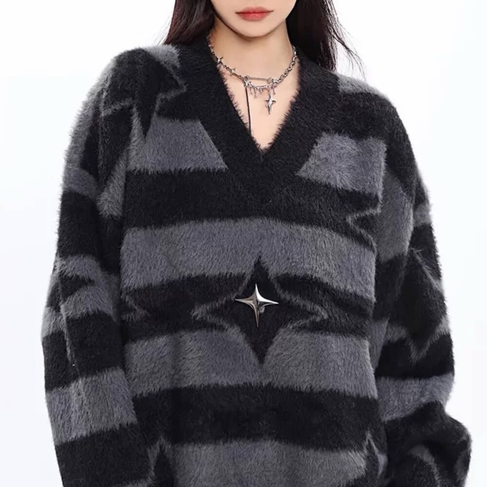 STAR GIRL FUZZY STRIPED SWEATER