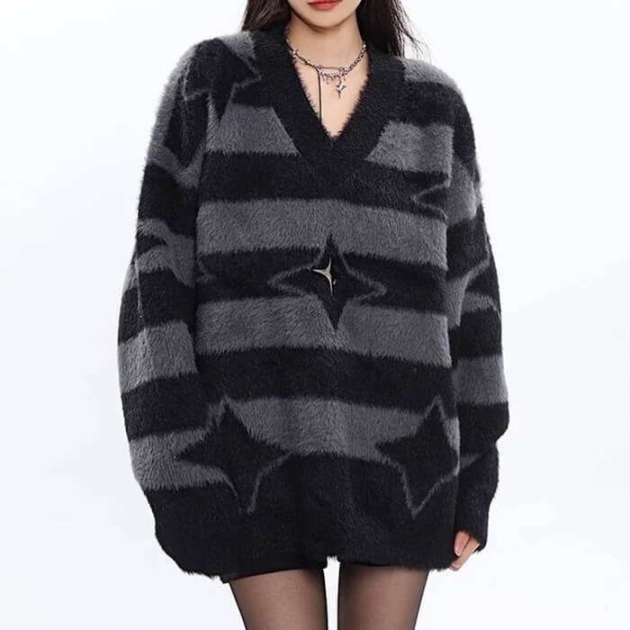 STAR GIRL FUZZY STRIPED SWEATER