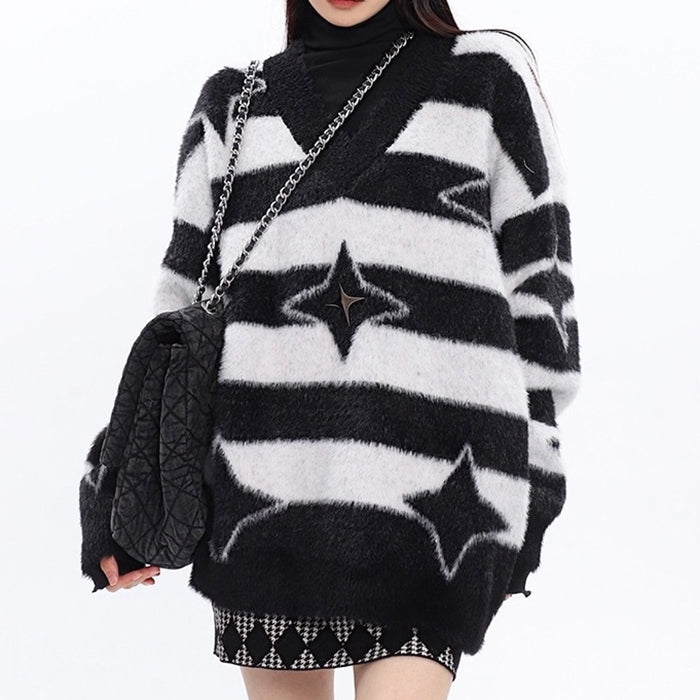 STAR GIRL FUZZY STRIPED SWEATER