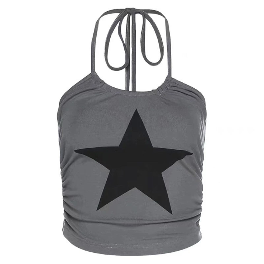 STAR PRINT HALTER CROP TOP GRAY ADJUSTABLE TIE STRAPS