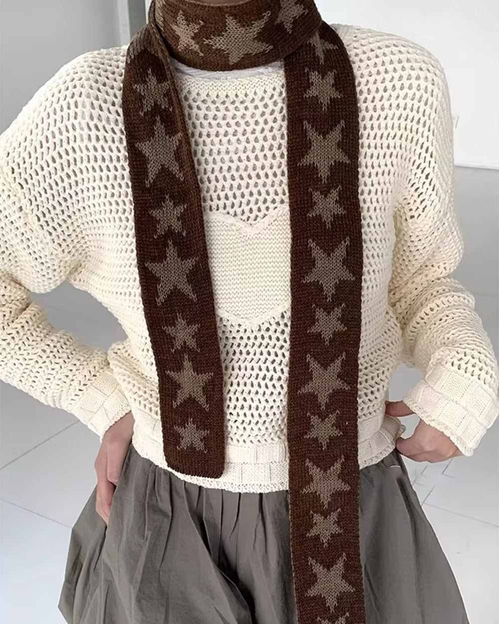 STAR SKINNY SCARF Y2K STAR PATTERNED KNIT