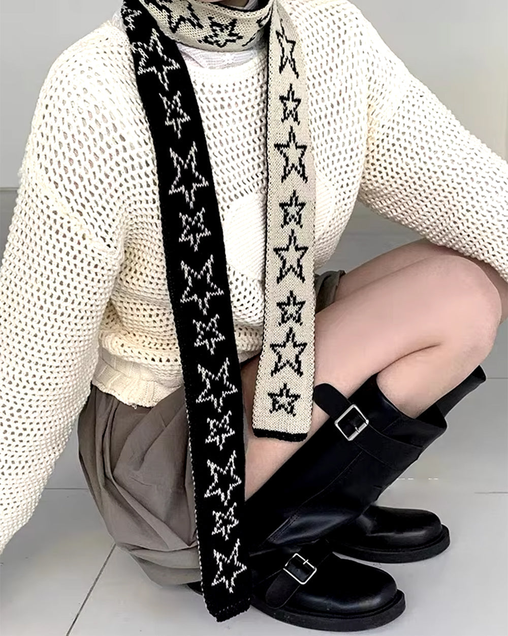 STAR SKINNY SCARF Y2K STAR PATTERNED KNIT
