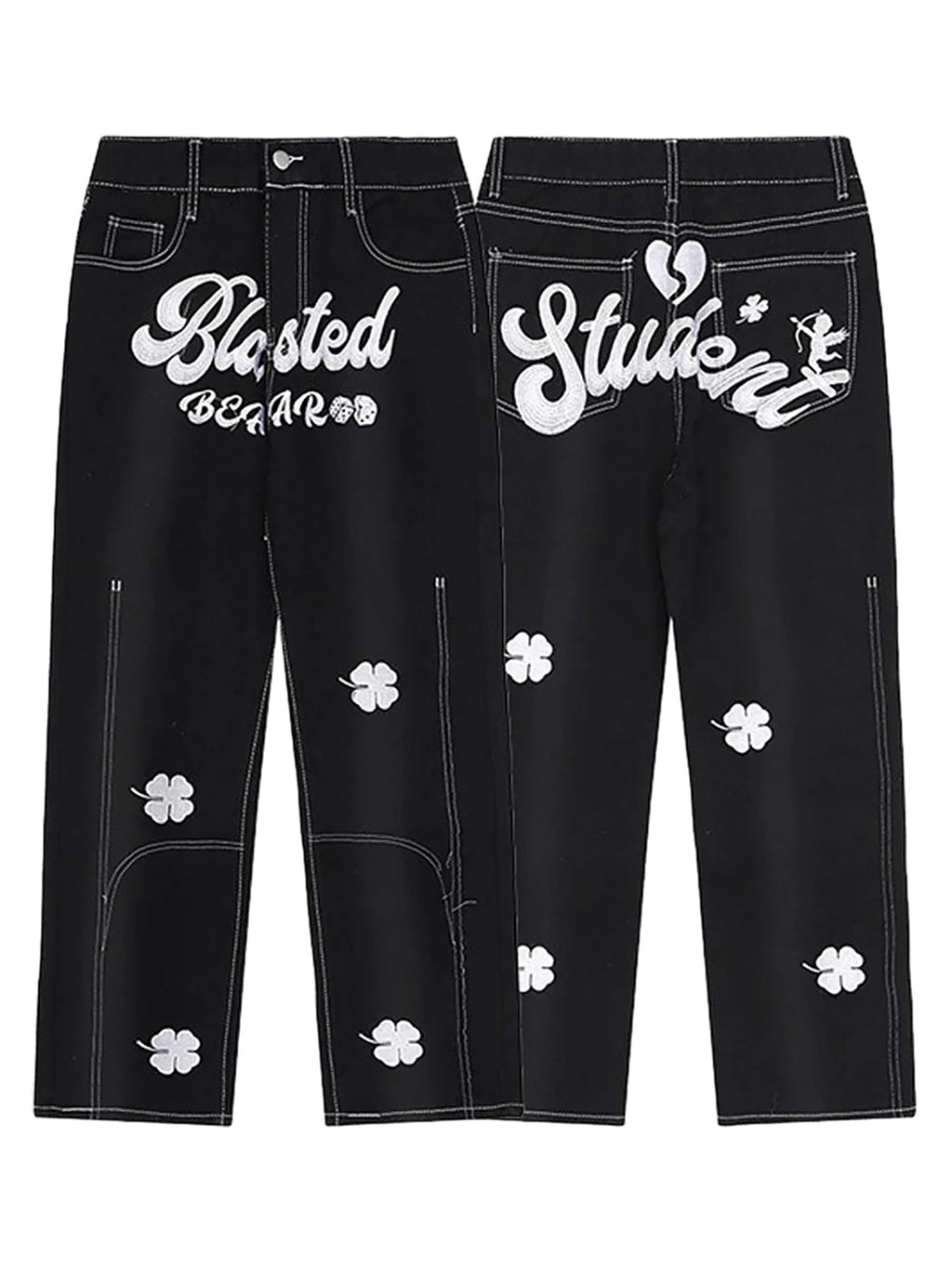 STRAIGHT-LEG JEANS WITH LUCKY CLOVER EMBROIDERY AND WHITE STITCHING