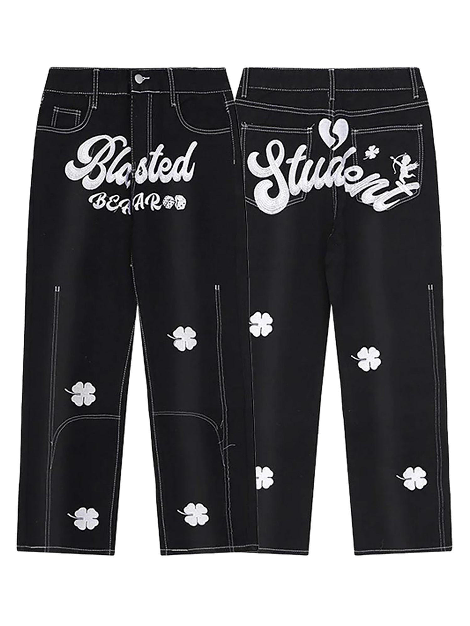 STRAIGHT-LEG JEANS WITH LUCKY CLOVER EMBROIDERY AND WHITE STITCHING