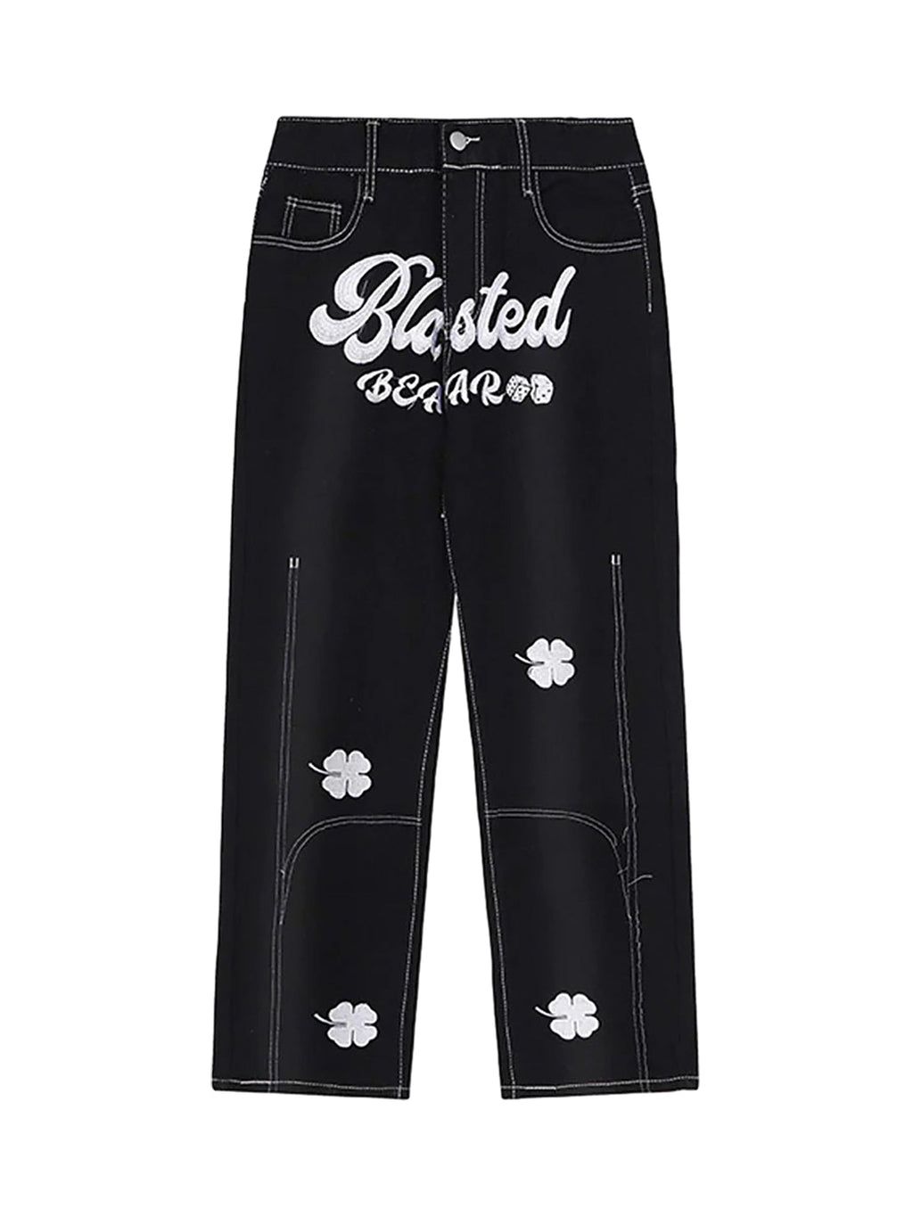STRAIGHT-LEG JEANS WITH LUCKY CLOVER EMBROIDERY AND WHITE STITCHING