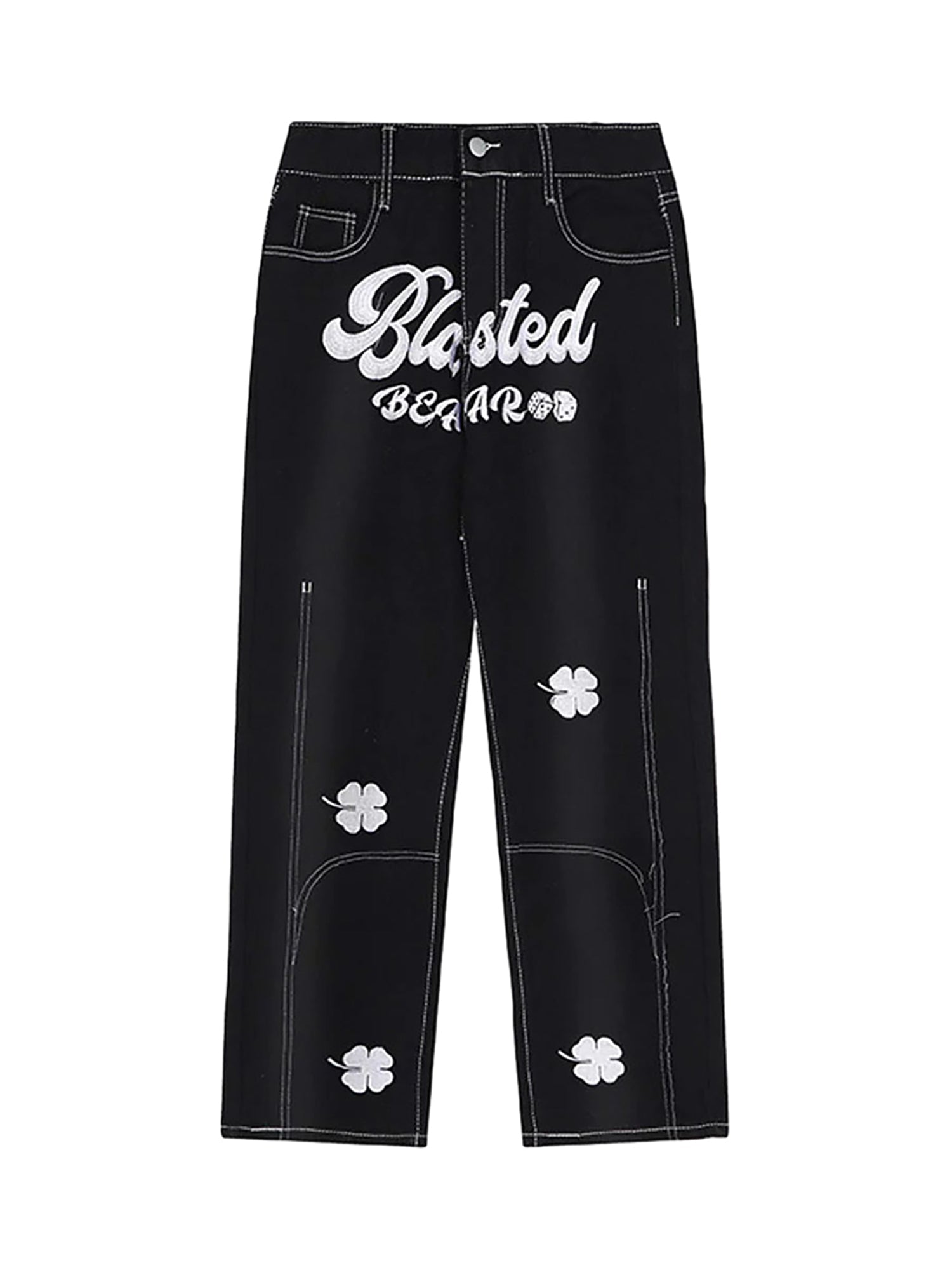 STRAIGHT-LEG JEANS WITH LUCKY CLOVER EMBROIDERY AND WHITE STITCHING