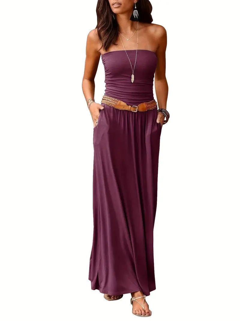 STRAPLESS MAXI DRESS WITH BELT - VINTAGE SOLID VERSATILE STYLE