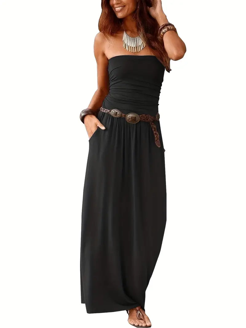 STRAPLESS MAXI DRESS WITH BELT - VINTAGE SOLID VERSATILE STYLE