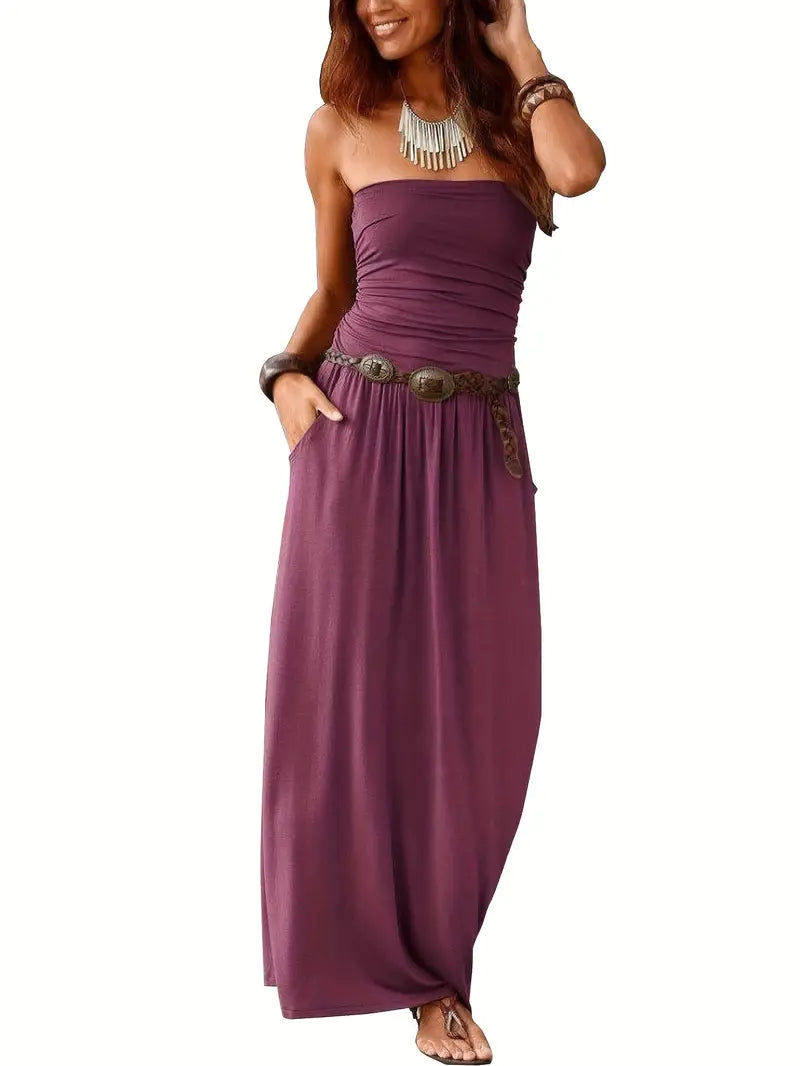 STRAPLESS MAXI DRESS WITH BELT - VINTAGE SOLID VERSATILE STYLE