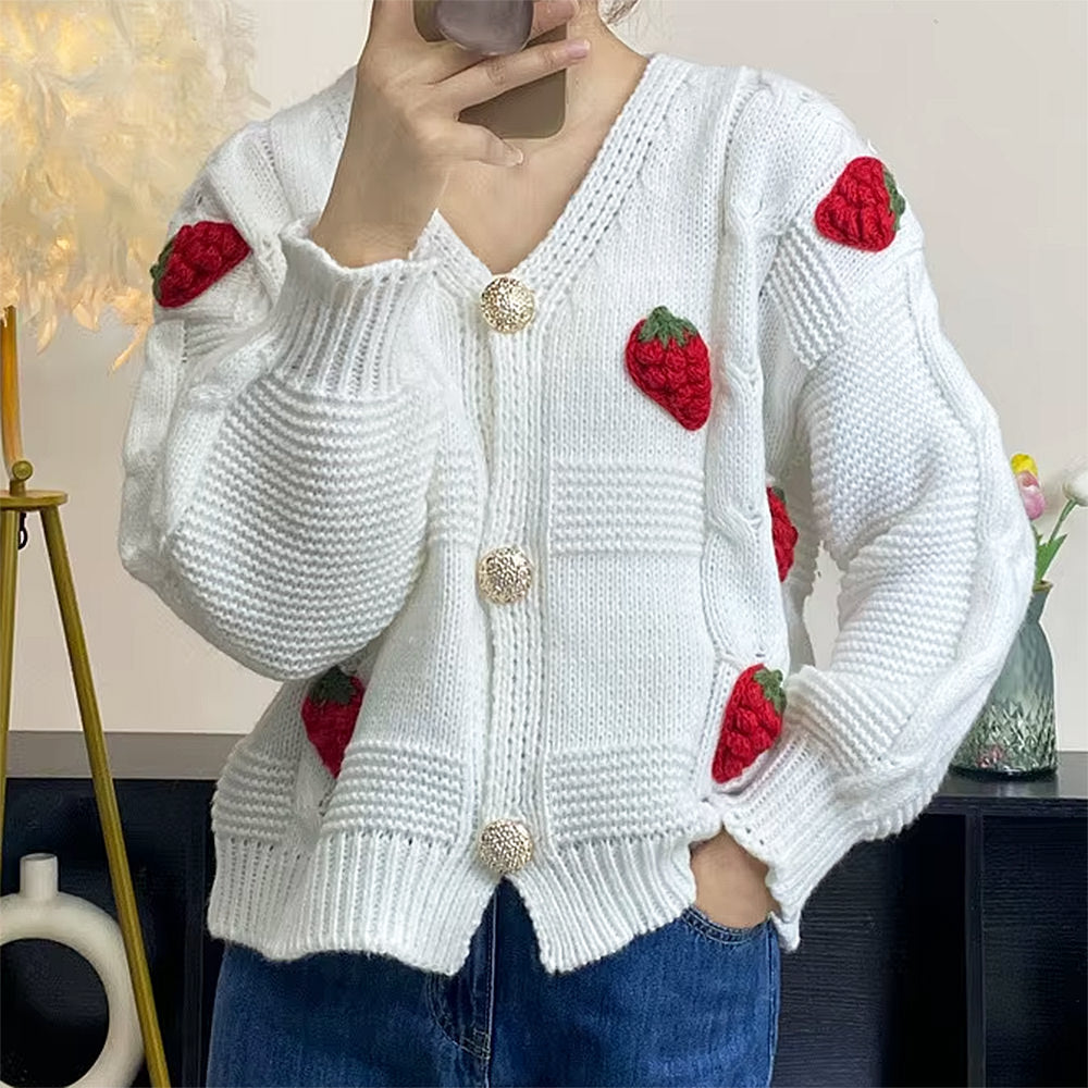 STRAWBERRY APPLIQUÉS CHUNKY KNIT CARDIGAN