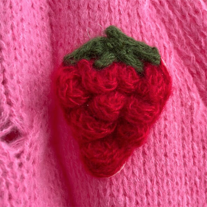 STRAWBERRY APPLIQUÉS CHUNKY KNIT CARDIGAN